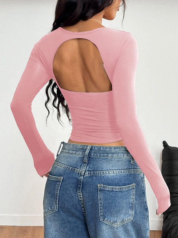 T-shirt plissé à manches longues, coupe près du corps, dos nu, à col carré, couleur unie