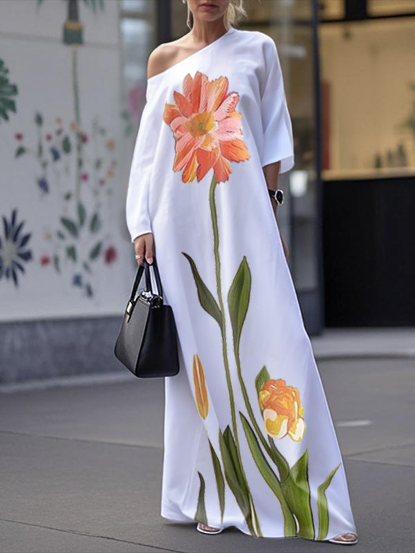 Robe longue ample asymétrique à manches trois-quarts, à imprimé floral, asymétrique à une épaule