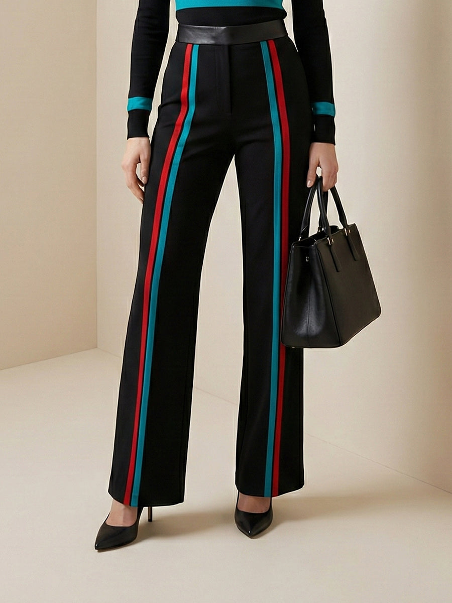 Pantalon rayé taille haute, couleur contrastée