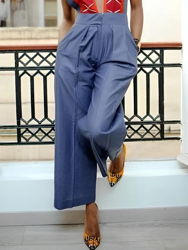 Combinaison plissée taille haute, sans manches, à poches, à fermeture éclair, à décolleté en V profond, couleur contrastée