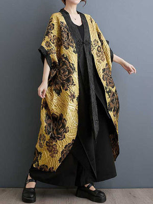 Manches chauve-souris, amples, ornés de fleurs, boutons de grenouille chinoise, plissés, col en V, vêtements d'extérieur