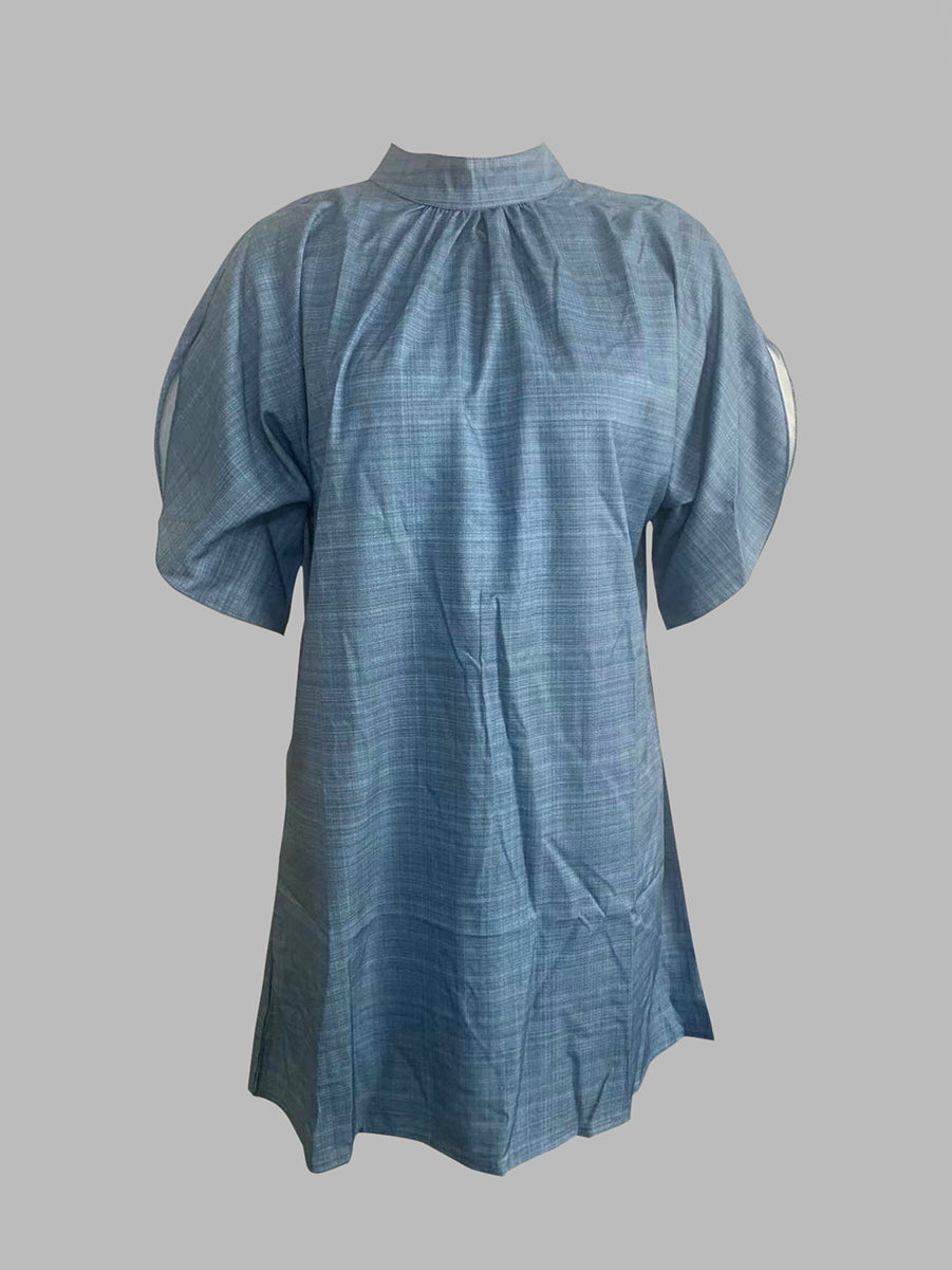 Robe courte ample à manches raglan, à col cheminée, couleur unie