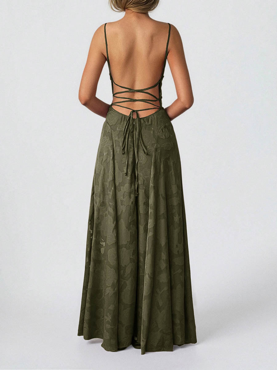 Robe longue plissée coupe trapèze, taille haute, en jacquard, à fines bretelles, couleur unie