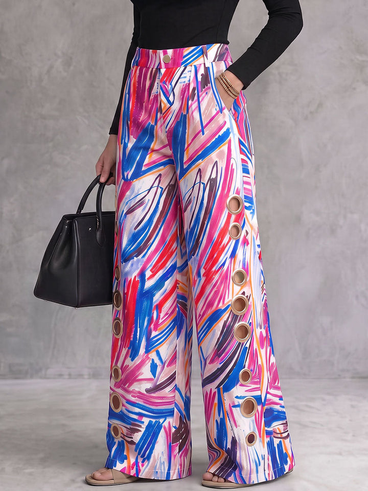 Pantalon imprimé ajouré boutonné à poches, à jambes larges, taille haute
