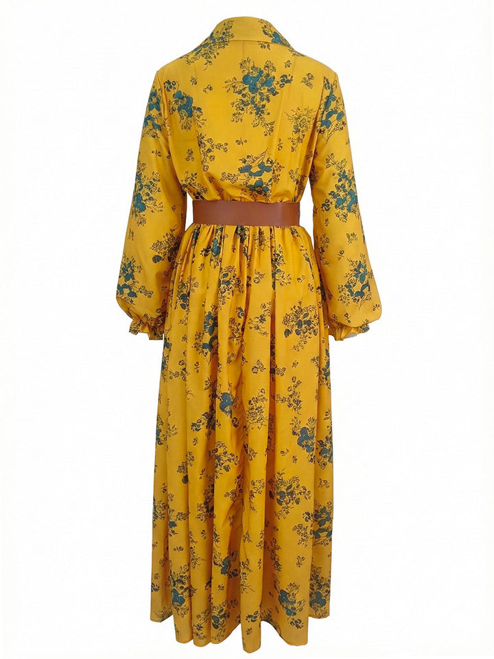 Robe chemise boutonnée plissée coupe trapèze, à taille élastique, avec ceinture, à imprimé floral, à empiècements, à col revers, couleur contrastée