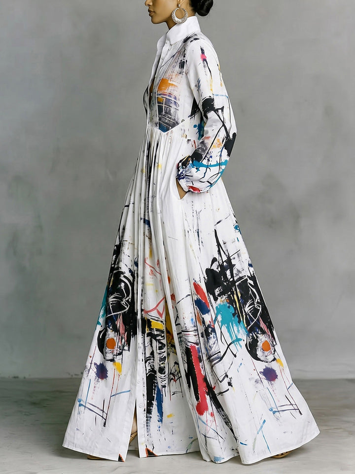 Robe chemise longue imprimée plissée boutonnée ample à empiècements, à poches, à manches longues, à col montant