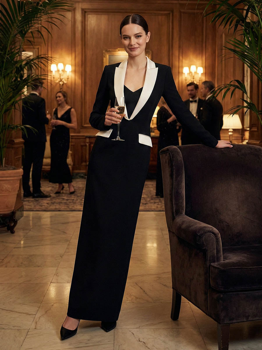 Robe longue à manches longues, à décolleté en V profond, couleur contrastée