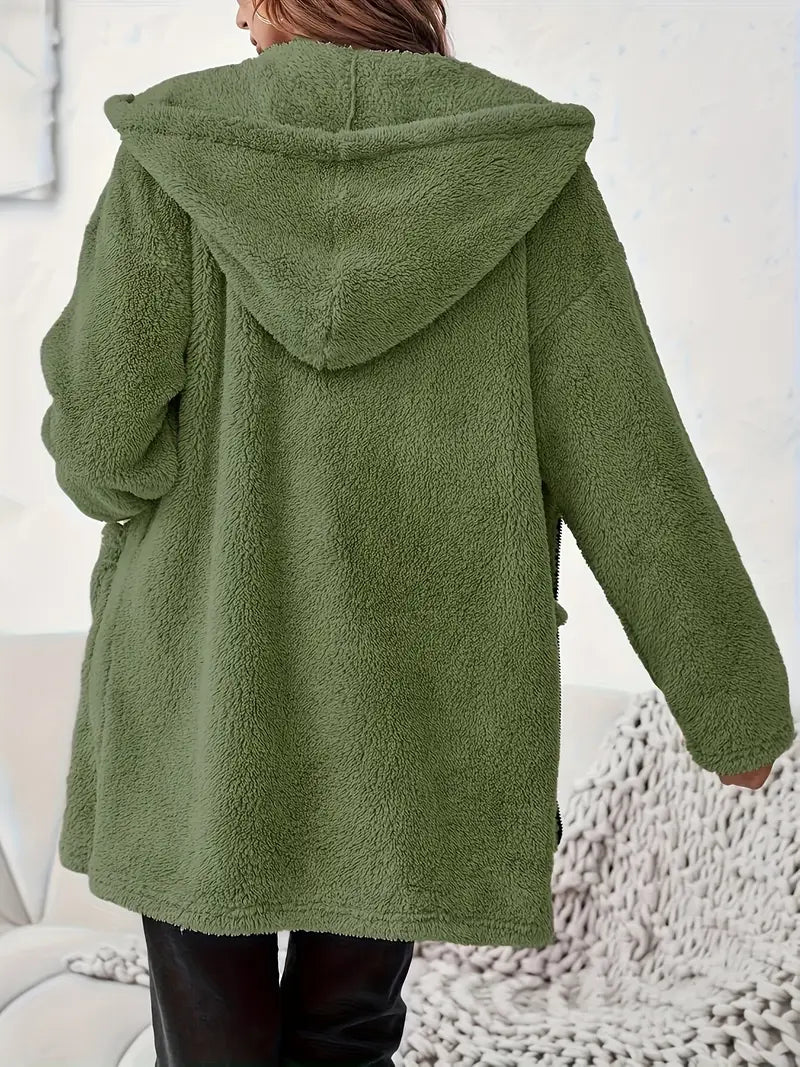 Manteau à capuche en peluche avec poches à patchs et fermeture éclair élégante pour femmes | STYLE, CONFORT, CHALEUR