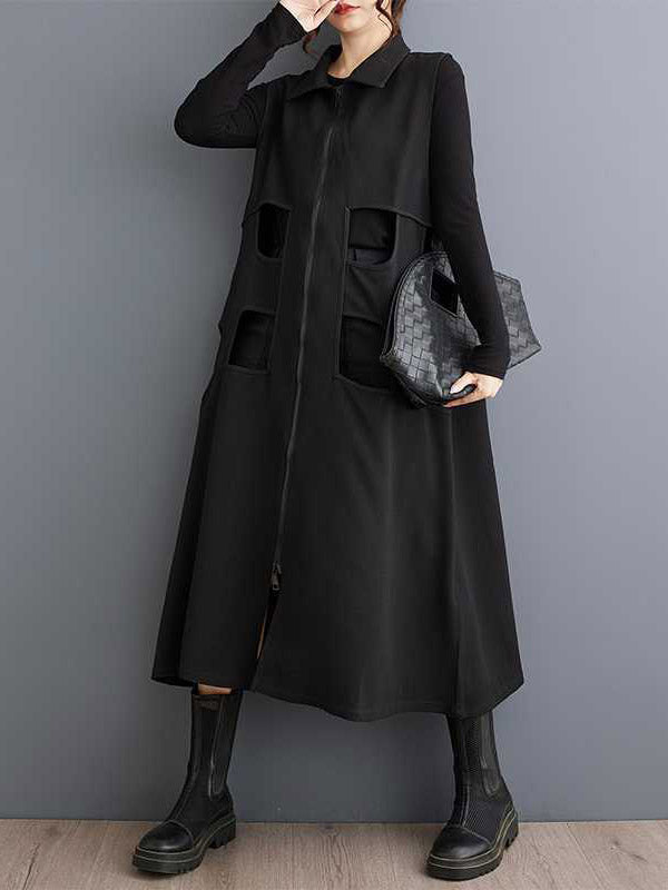 Robe mi-longue ample ajourée sans manches, à fermeture éclair, à col revers, couleur unie