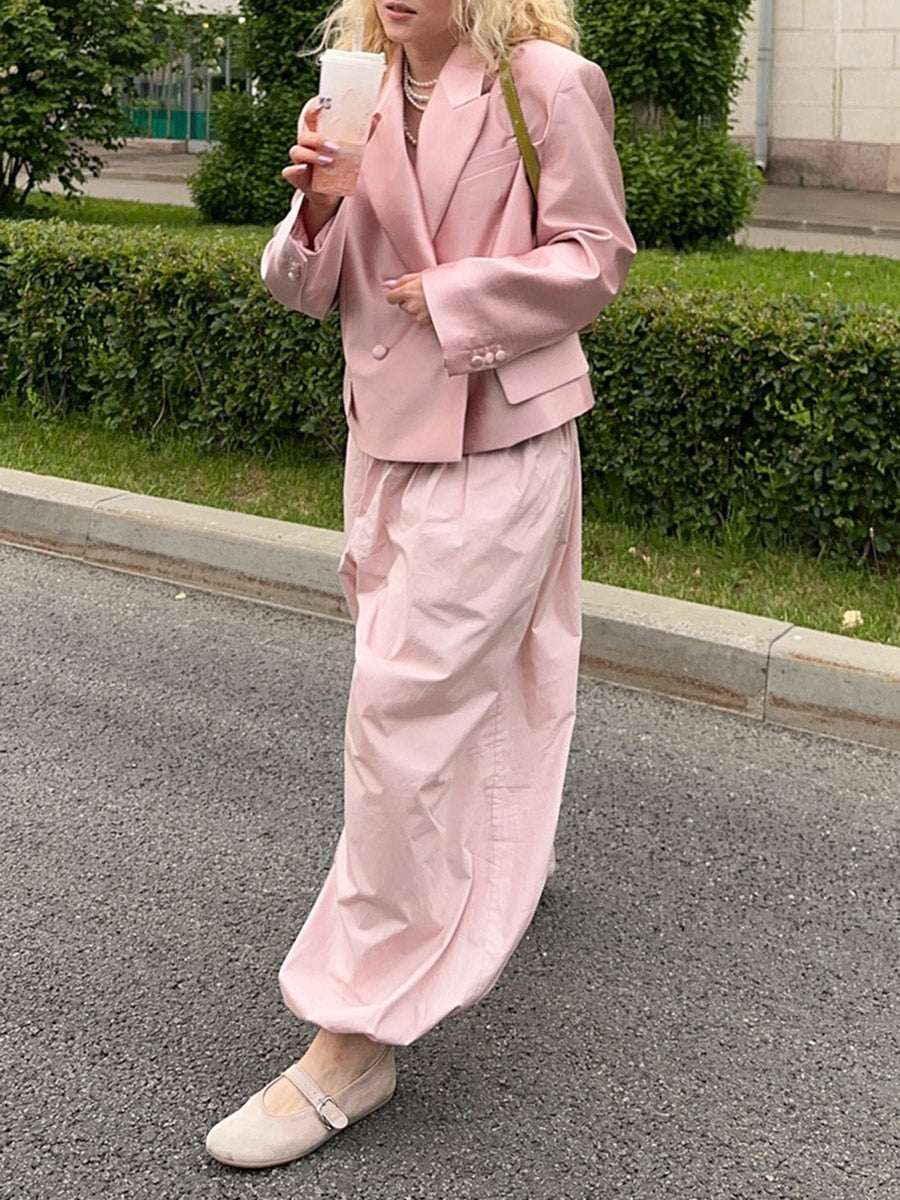 Pantalon resserré aux chevilles plissé à taille élastique, taille haute, à cordon de serrage, couleur unie