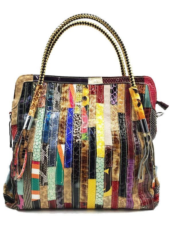 Sac en cuir à bandoulière rayé à empiècements
