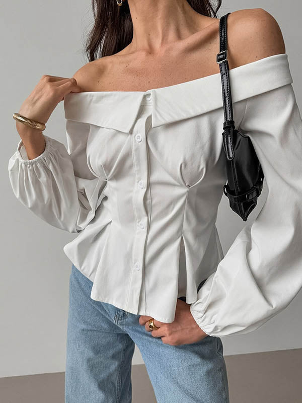 Chemisier ample boutonné à manches longues, à taille élastique, à poches, à épaules dénudées, couleur unie