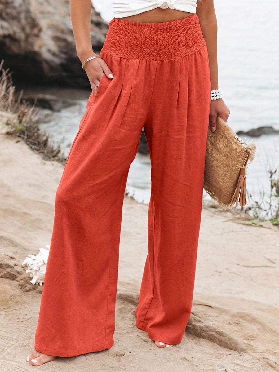 Pantalon plissé à taille élastique, taille haute, à poches, à empiècements, couleur unie