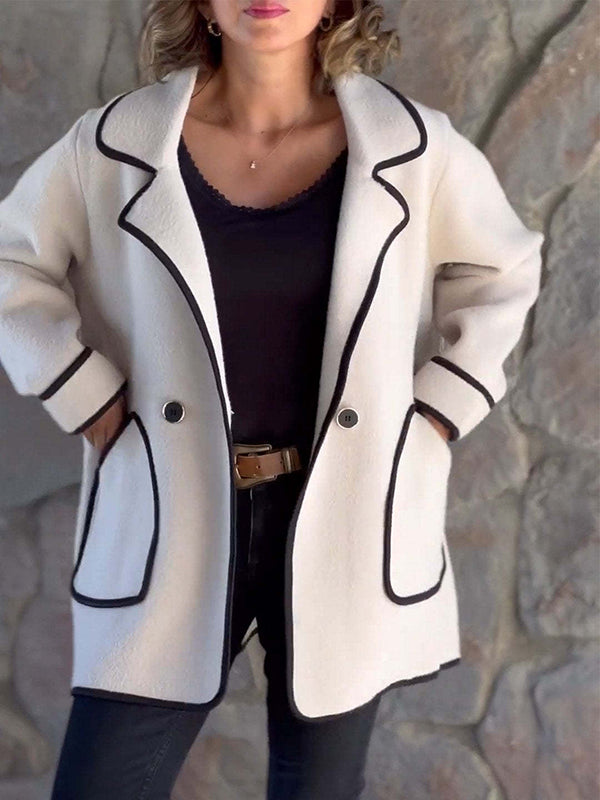 Manteau en laine ample boutonné à manches longues, à poches, à empiècements, à col cranté