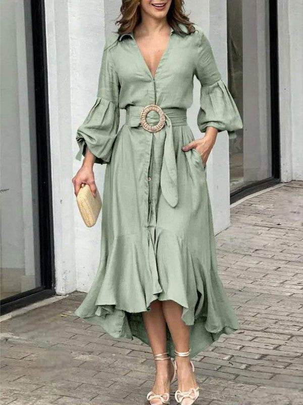 Robe longue plissée à ourlet plongeant, à manches bouffantes, à col revers, couleur unie