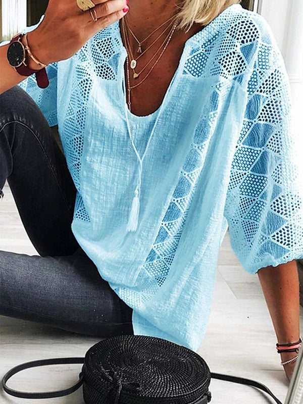 T-shirt simple décontracté ajouré en dentelle, à empiècements, à col en U