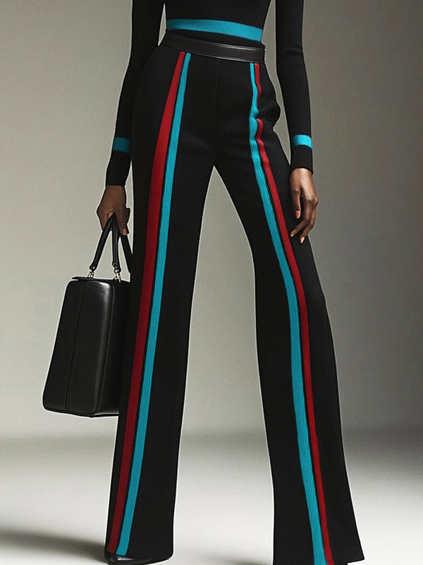 Pantalon rayé taille haute, couleur contrastée