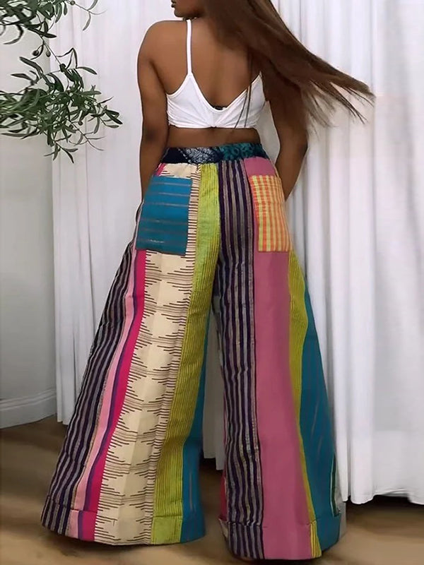 Pantalon ample imprimé rayé décontracté à jambes larges, à cordon de serrage, couleur contrastée