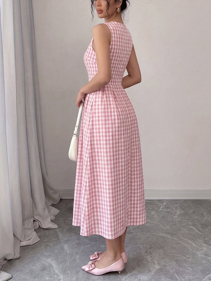 Robe longue unie ajourée à fermeture éclair, à empiècements, sans manches, taille haute, à col rond, couleur contrastée