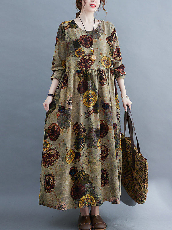 Robe longue artistique ample imprimée rétro, à manches longues, à col rond