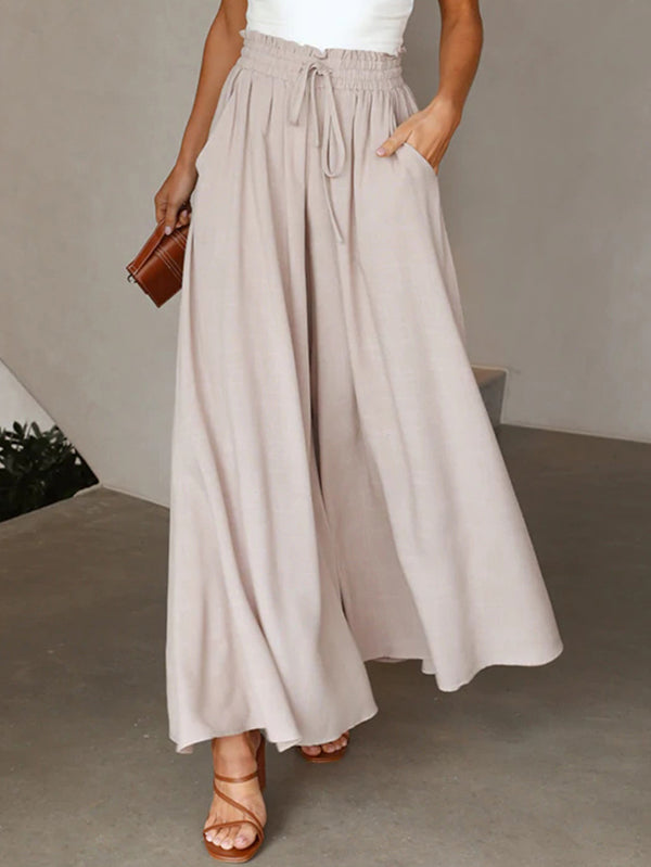Pantalon ample plissé taille haute, à cordon de serrage, à taille élastique, à poches, couleur unie