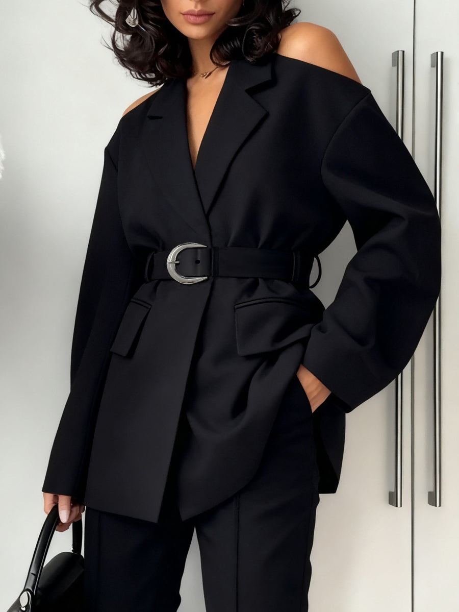 Blazer ample fendu devant à manches longues, avec ceinture, à empiècements, à épaules ajourées, couleur unie
