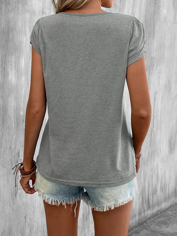 T-shirt ample à manches courtes, à col en V, couleur unie