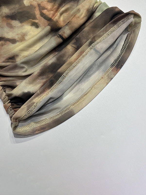T-shirt plissé à manches longues, coupe près du corps, à empiècements, tie-dye, à épaules dénudées