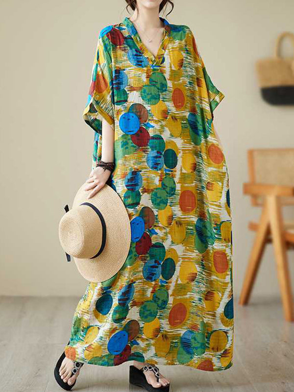 Robe longue à manches chauve-souris, à manches mi-longues, à pois, à col en V, couleur contrastée