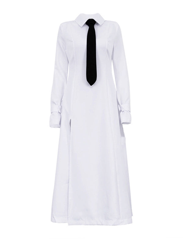 Robe chemise boutonnée fendue sur le côté coupe trapèze, à manches évasées, à empiècements, à col revers, couleur unie