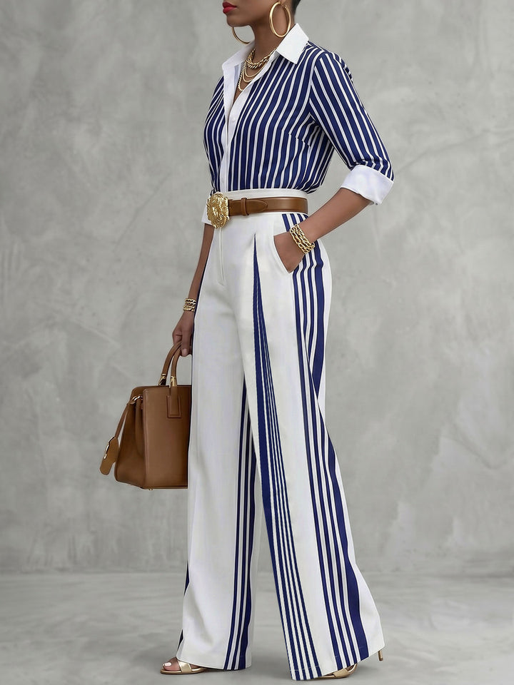 Pantalon taille haute, à jambes larges, sans ceinture, couleur contrastée