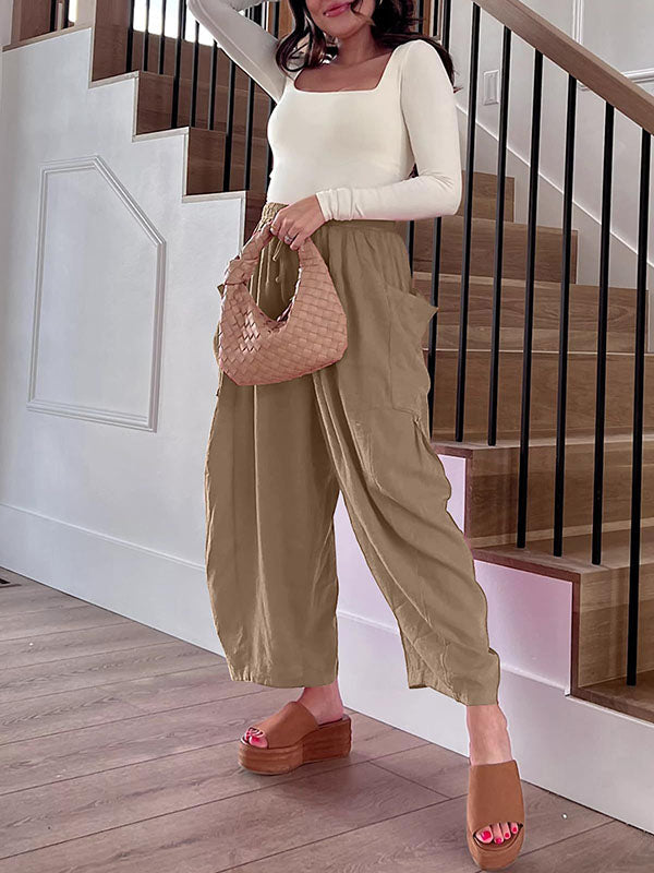 Pantalon ample plissé taille haute, à cordon de serrage, à taille élastique, à poches, couleur unie