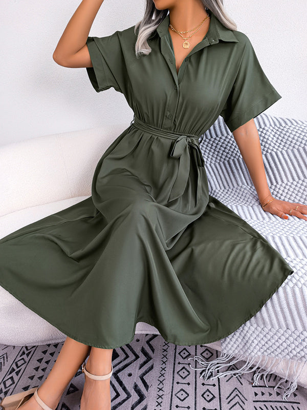 Robe chemise ample à manches courtes, à empiècements, à taille nouée, à col revers, couleur unie