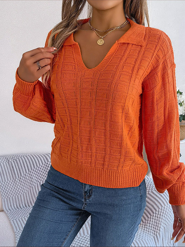 Pull ample à manches longues, à col revers, couleur unie