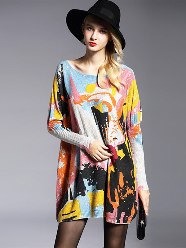 Pull vintage imprimé en laine mélangée de couleur contrastée