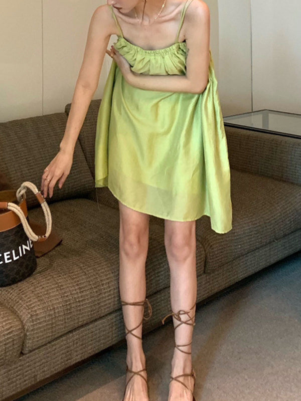 Robes courtes ample plissée sans manches, couleur unie, col Spaghetti, robe à bretelles