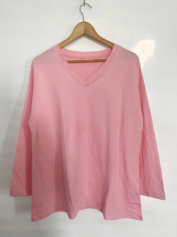 T-shirt ample transparent à manches longues, à empiècements, à col en V, couleur unie