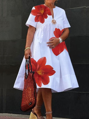 Robe mi-longue ample plissée coupe trapèze, à imprimé floral, à col en V