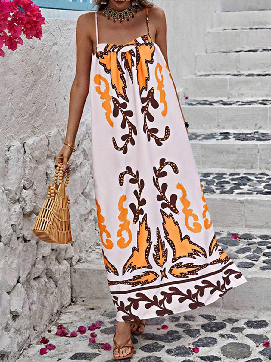 Robe mi-longue plissée imprimée coupe trapèze, taille haute, à empiècements, à fines bretelles, couleur contrastée