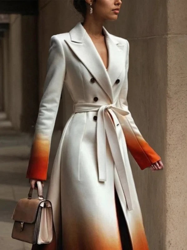 Manteau en laine boutonné coupe trapèze, à manches longues, en dégradé, à empiècements, à taille nouée, à col cranté