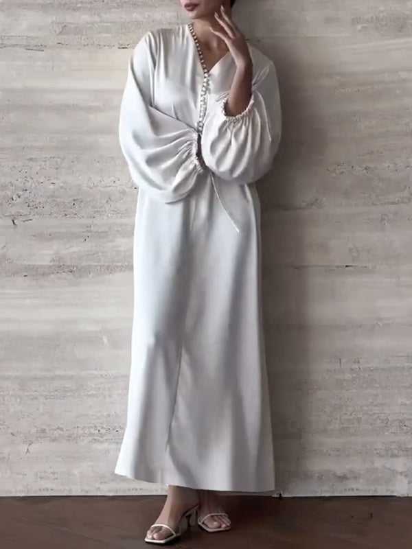 Robe chemise ample à manches bouffantes, à cordon de serrage, à empiècements, à col en V, couleur unie