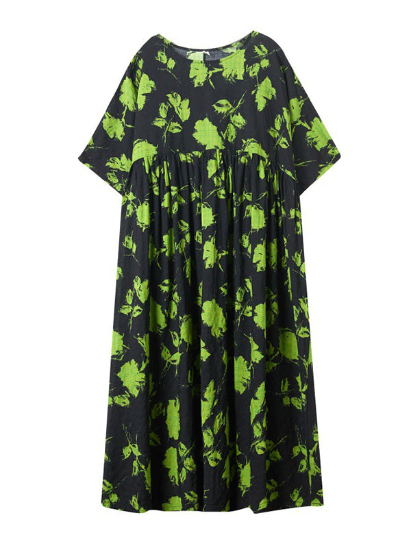 Robe mi-longue ample plissée à fleurs, à col rond