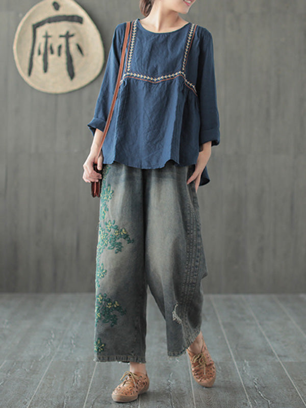 Pantalon en jean colonne à jambe large brodé Original