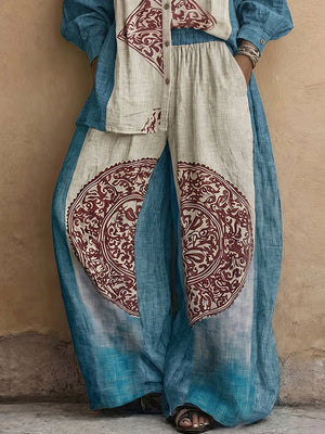 Pantalon ample imprimé taille haute, à taille élastique, à poches, couleur contrastée