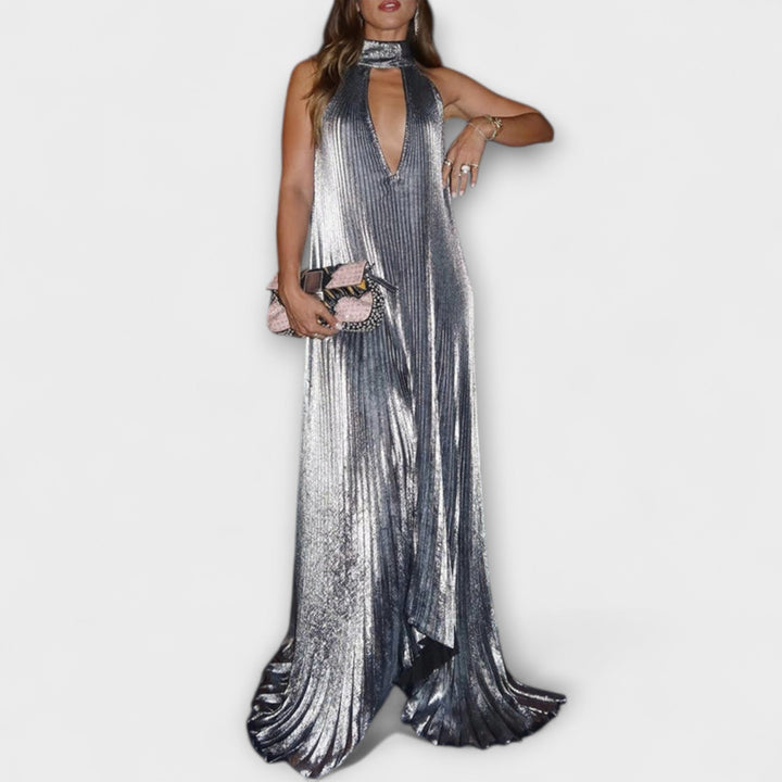 Calliope - Robe Maxi A-Ligne en Plissé Métallique