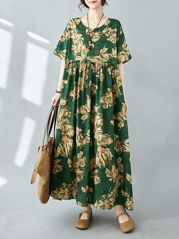 Robe mi-longue ample plissée à manches mi-longues, à imprimé floral, à poches, à col rond