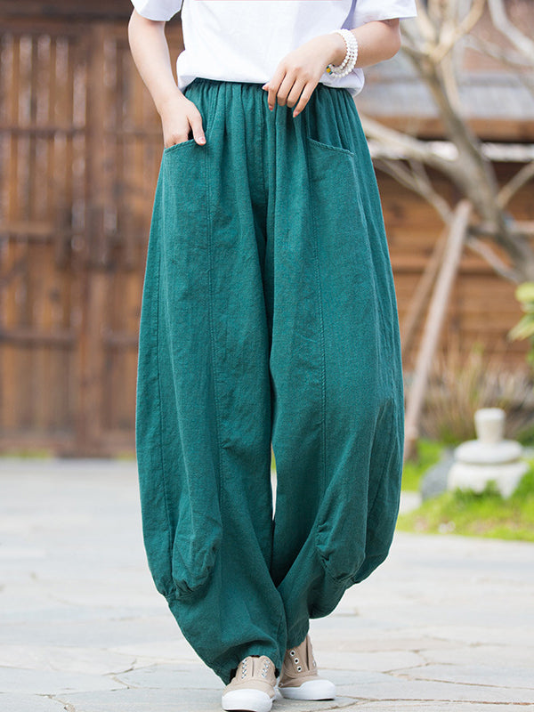 Pantalon en lin décontracté à jambes larges, taille haute, couleur unie, 7 couleurs