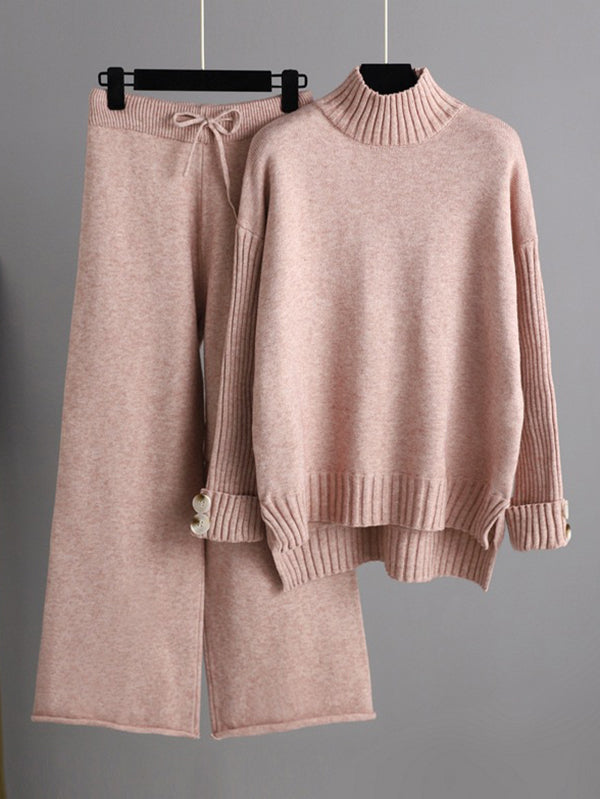 Pull urbain à manches longues et demi-col roulé de couleur unie & Pantalon large Ensemble deux pièces