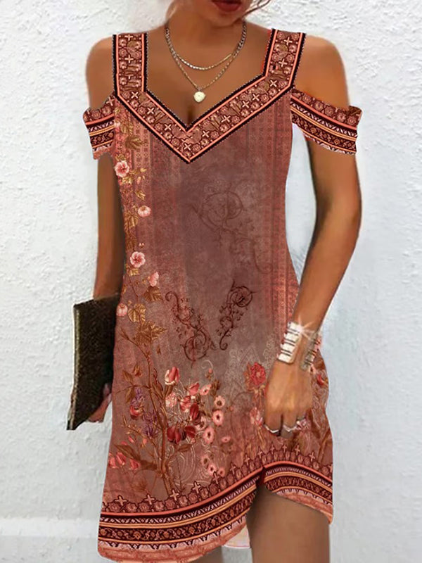 Robe courte ajourée coupe trapèze, taille haute, à imprimé floral, à épaules ajourées
