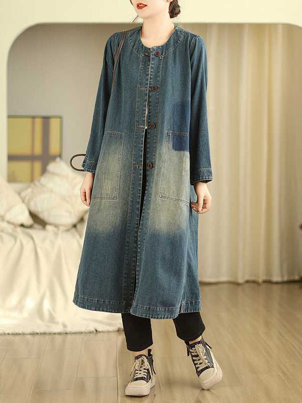 Trapèze Manches Longues Poches Boutonnées Col Rond Robes mi-longues Vêtements d'Extérieur